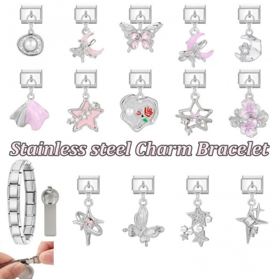 Picture of 1 Piece 304 Stainless Steel Italian Charm Links For DIY Modular Bracelet Watch Jewelry Making Wholesale Silver Tone White Rectangle Oval Imitation Pearl 10mm x 9mm