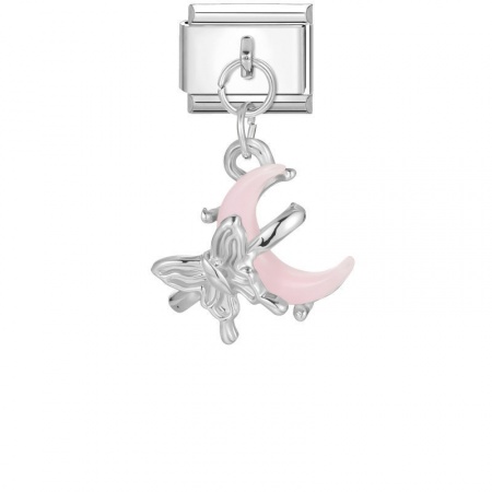Picture of 1 Piece 304 Stainless Steel Italian Charm Links For DIY Modular Bracelet Watch Jewelry Making Wholesale Silver Tone Light Pink Rectangle Moon 10mm x 9mm
