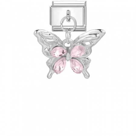 Picture of 1 Piece 304 Stainless Steel Italian Charm Links For DIY Modular Bracelet Watch Jewelry Making Wholesale Silver Tone Rectangle Butterfly Pink Rhinestone 10mm x 9mm