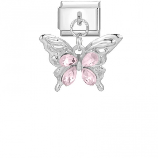 Picture of 1 Piece 304 Stainless Steel Italian Charm Links For DIY Modular Bracelet Watch Jewelry Making Wholesale Silver Tone Rectangle Butterfly Pink Rhinestone 10mm x 9mm