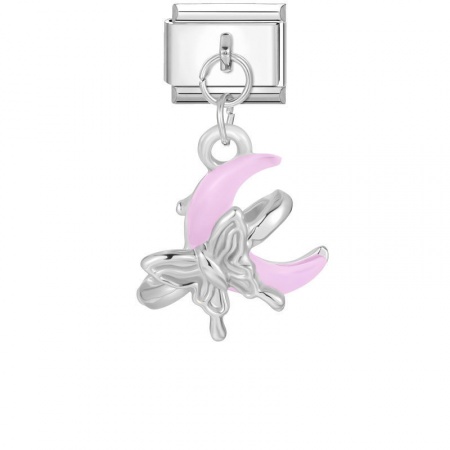 Picture of 1 Piece 304 Stainless Steel Italian Charm Links For DIY Modular Bracelet Watch Jewelry Making Wholesale Silver Tone Pink Rectangle Moon 10mm x 9mm