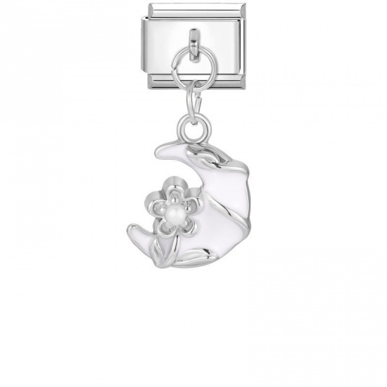 Picture of 1 Piece 304 Stainless Steel Italian Charm Links For DIY Modular Bracelet Watch Jewelry Making Wholesale Silver Tone White Enamel Rectangle Moon 10mm x 9mm