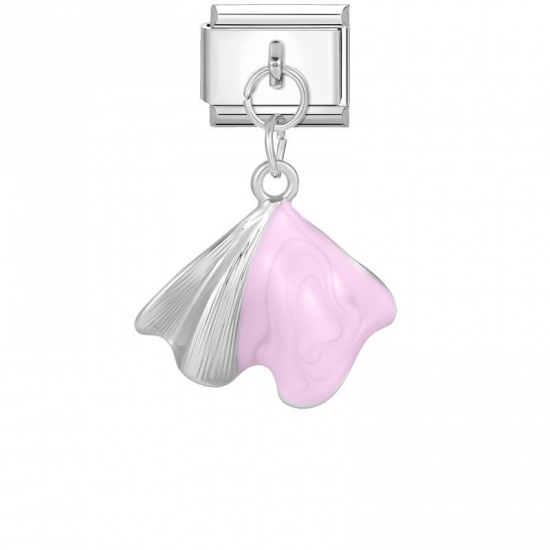 Picture of 1 Piece 304 Stainless Steel Italian Charm Links For DIY Modular Bracelet Watch Jewelry Making Wholesale Silver Tone Pink Enamel Rectangle Shell 10mm x 9mm