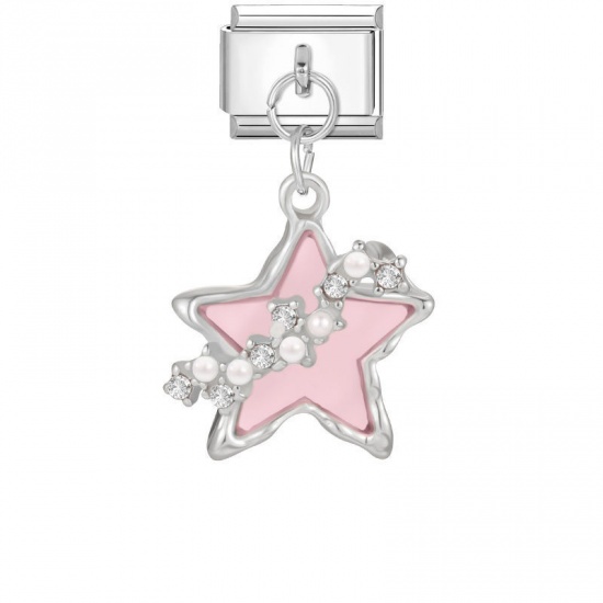 Picture of 1 Piece 304 Stainless Steel Italian Charm Links For DIY Modular Bracelet Watch Jewelry Making Wholesale Silver Tone Pink Rectangle Pentagram Star 10mm x 9mm