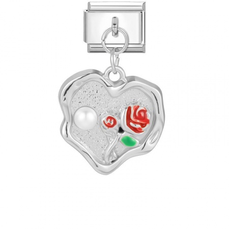 Picture of 1 Piece 304 Stainless Steel Valentine's Day Italian Charm Links For DIY Modular Bracelet Watch Jewelry Making Wholesale Silver Tone Rectangle Rose Flower Imitation Pearl 10mm x 9mm