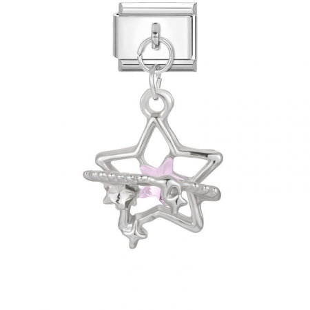 Picture of 1 Piece 304 Stainless Steel Italian Charm Links For DIY Modular Bracelet Watch Jewelry Making Wholesale Silver Tone Rectangle Pentagram Star 10mm x 9mm