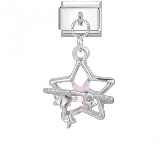 Picture of 1 Piece 304 Stainless Steel Italian Charm Links For DIY Modular Bracelet Watch Jewelry Making Wholesale Silver Tone Rectangle Pentagram Star 10mm x 9mm