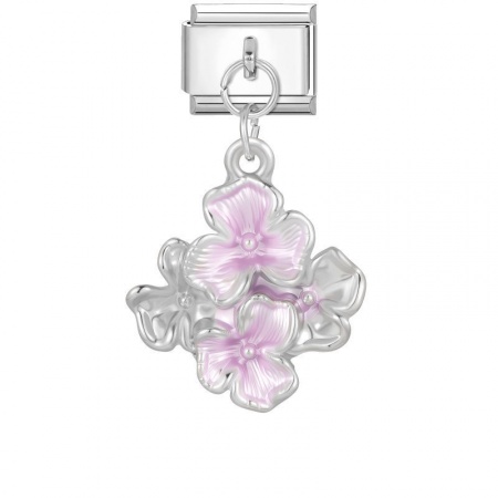 Picture of 1 Piece 304 Stainless Steel Italian Charm Links For DIY Modular Bracelet Watch Jewelry Making Wholesale Silver Tone Light Pink Enamel Rectangle Flower 10mm x 9mm
