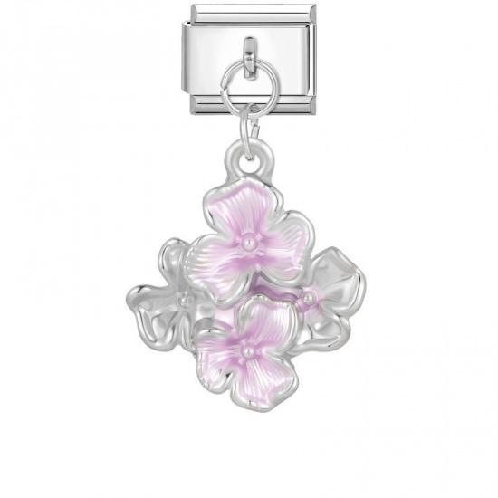Picture of 1 Piece 304 Stainless Steel Italian Charm Links For DIY Modular Bracelet Watch Jewelry Making Wholesale Silver Tone Light Pink Enamel Rectangle Flower 10mm x 9mm