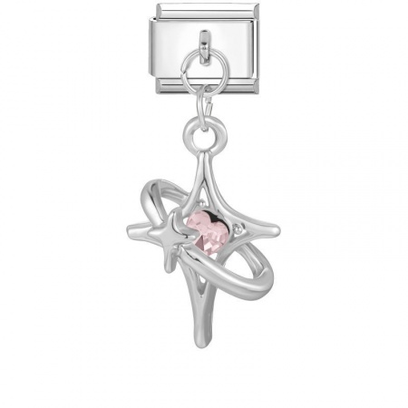 Picture of 1 Piece 304 Stainless Steel Italian Charm Links For DIY Modular Bracelet Watch Jewelry Making Wholesale Silver Tone Rectangle Star Pink Rhinestone 10mm x 9mm