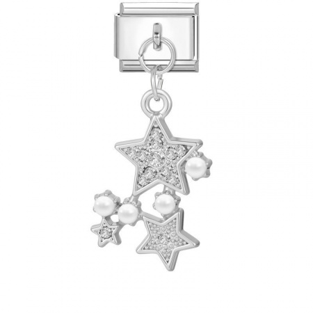 Picture of 1 Piece 304 Stainless Steel Italian Charm Links For DIY Modular Bracelet Watch Jewelry Making Wholesale Silver Tone Rectangle Pentagram Star Imitation Pearl 10mm x 9mm