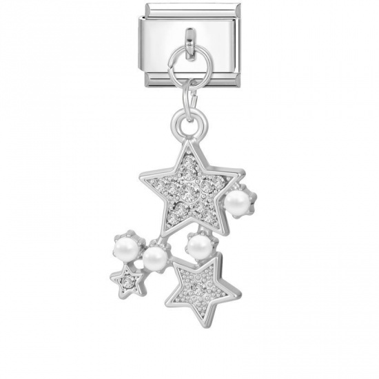 Picture of 1 Piece 304 Stainless Steel Italian Charm Links For DIY Modular Bracelet Watch Jewelry Making Wholesale Silver Tone Rectangle Pentagram Star Imitation Pearl 10mm x 9mm