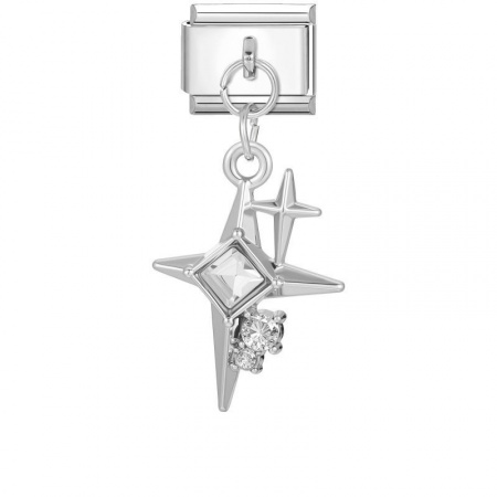 Picture of 1 Piece 304 Stainless Steel Italian Charm Links For DIY Modular Bracelet Watch Jewelry Making Wholesale Silver Tone Rectangle Star Clear Rhinestone 10mm x 9mm