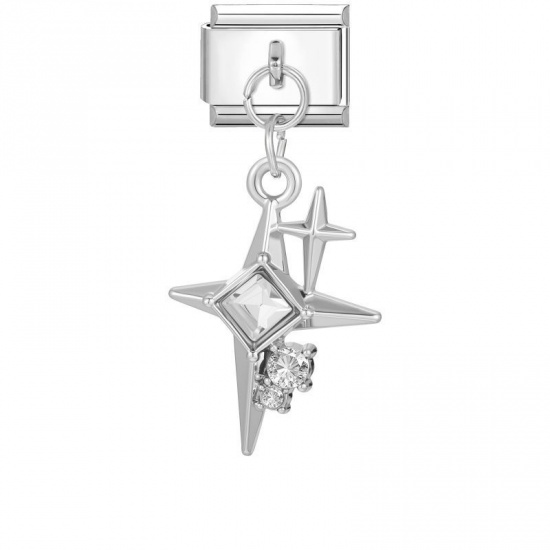 Picture of 1 Piece 304 Stainless Steel Italian Charm Links For DIY Modular Bracelet Watch Jewelry Making Wholesale Silver Tone Rectangle Star Clear Rhinestone 10mm x 9mm