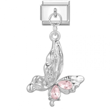 Picture of 1 Piece 304 Stainless Steel Italian Charm Links For DIY Modular Bracelet Watch Jewelry Making Wholesale Silver Tone Rectangle Butterfly Pink Rhinestone 10mm x 9mm