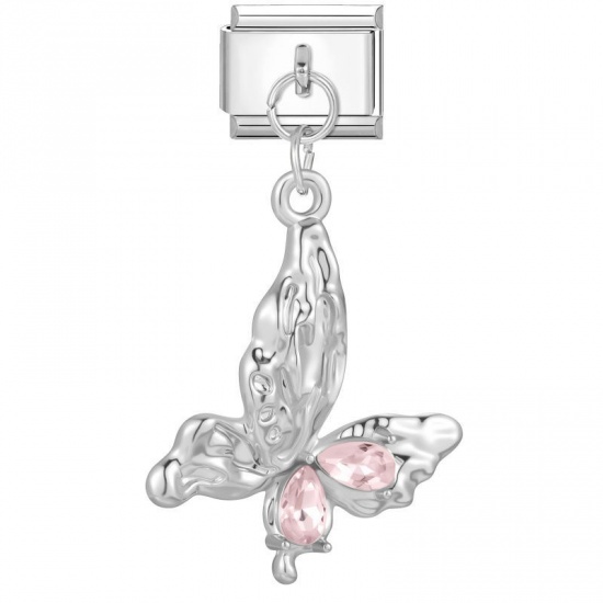 Picture of 1 Piece 304 Stainless Steel Italian Charm Links For DIY Modular Bracelet Watch Jewelry Making Wholesale Silver Tone Rectangle Butterfly Pink Rhinestone 10mm x 9mm