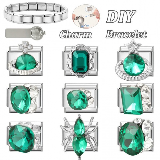 Picture of 1 Piece 304 Stainless Steel Italian Charm Links For DIY Modular Bracelet Watch Jewelry Making Wholesale Silver Tone Rectangle Universe Planet Green Rhinestone 10mm x 9mm