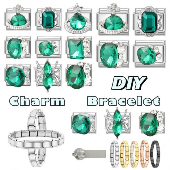 Picture of 1 Piece 304 Stainless Steel Italian Charm Links For DIY Modular Bracelet Watch Jewelry Making Wholesale Silver Tone Rectangle Universe Planet Green Rhinestone 10mm x 9mm