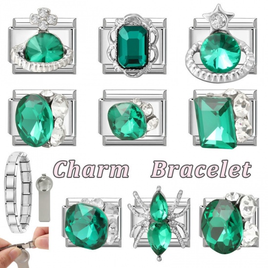 Picture of 1 Piece 304 Stainless Steel Italian Charm Links For DIY Modular Bracelet Watch Jewelry Making Wholesale Silver Tone Rectangle Universe Planet Green Rhinestone 10mm x 9mm