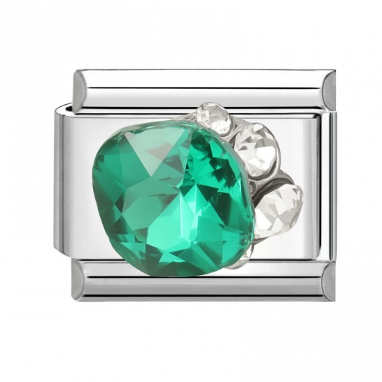 Picture of 1 Piece 304 Stainless Steel Italian Charm Links For DIY Modular Bracelet Watch Jewelry Making Wholesale Silver Tone Rectangle Green Rhinestone 10mm x 9mm