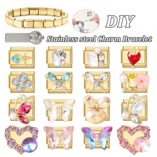 1 個 304ステンレス鋼 イタリアンチャームリンク DIY モジュラーブレスレット・時計用 卸売り 金メッキ 長方形 ヒトデ 緑青ラインストーン 10mmx 9mm、 の画像
