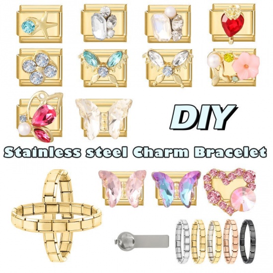 1 個 304ステンレス鋼 イタリアンチャームリンク DIY モジュラーブレスレット・時計用 卸売り 金メッキ 長方形 ヒトデ 緑青ラインストーン 10mmx 9mm、 の画像