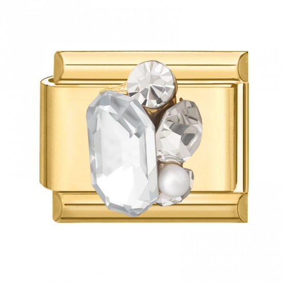 Picture of 1 Piece 304 Stainless Steel Italian Charm Links For DIY Modular Bracelet Watch Jewelry Making Wholesale Gold Plated Rectangle Clear Rhinestone 10mm x 9mm