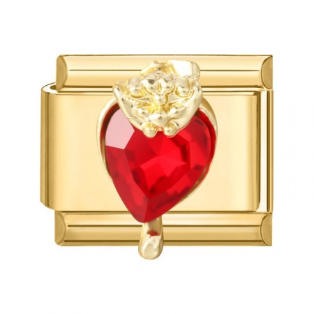 Picture of 1 Piece 304 Stainless Steel Italian Charm Links For DIY Modular Bracelet Watch Jewelry Making Wholesale Gold Plated Rectangle Heart Red Rhinestone 10mm x 9mm