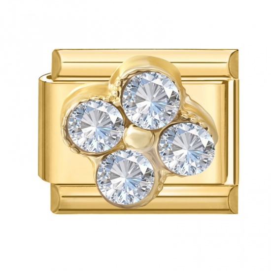Picture of 1 Piece 304 Stainless Steel Italian Charm Links For DIY Modular Bracelet Watch Jewelry Making Wholesale Gold Plated Rectangle Flower Clear Rhinestone 10mm x 9mm