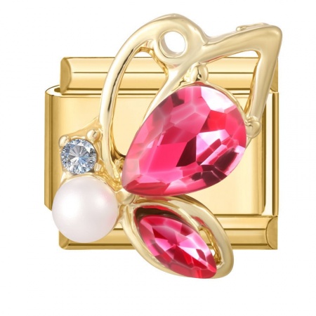 Picture of 1 Piece 304 Stainless Steel Insect Italian Charm Links For DIY Modular Bracelet Watch Jewelry Making Wholesale Gold Plated White Rectangle Butterfly Imitation Pearl Fuchsia Rhinestone 10mm x 9mm