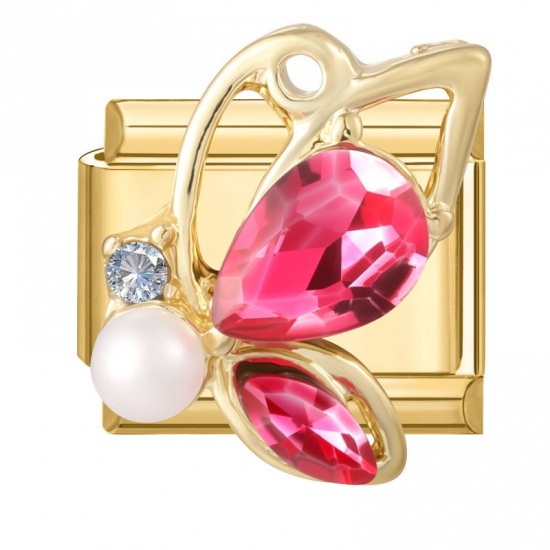 Picture of 1 Piece 304 Stainless Steel Insect Italian Charm Links For DIY Modular Bracelet Watch Jewelry Making Wholesale Gold Plated White Rectangle Butterfly Imitation Pearl Fuchsia Rhinestone 10mm x 9mm