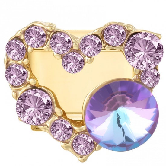 Picture of 1 Piece 304 Stainless Steel Valentine's Day Italian Charm Links For DIY Modular Bracelet Watch Jewelry Making Wholesale Gold Plated Rectangle Heart Purple Rhinestone 10mm x 9mm