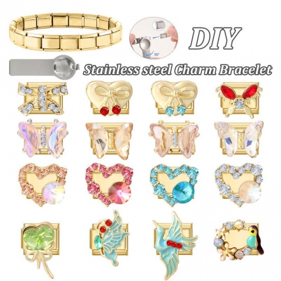 Picture of 1 Piece 304 Stainless Steel Italian Charm Links For DIY Modular Bracelet Watch Jewelry Making Wholesale Gold Plated Rectangle Bowknot Clear Rhinestone 10mm x 9mm