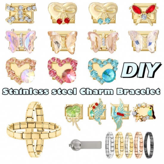 Picture of 1 Piece 304 Stainless Steel Italian Charm Links For DIY Modular Bracelet Watch Jewelry Making Wholesale Gold Plated Rectangle Bowknot Clear Rhinestone 10mm x 9mm