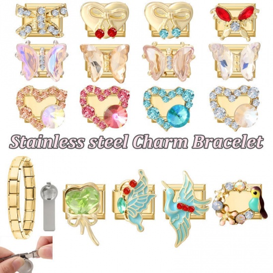 Picture of 1 Piece 304 Stainless Steel Italian Charm Links For DIY Modular Bracelet Watch Jewelry Making Wholesale Gold Plated Rectangle Bowknot Clear Rhinestone 10mm x 9mm