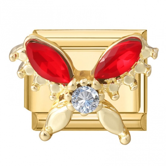 Picture of 1 Piece 304 Stainless Steel Insect Italian Charm Links For DIY Modular Bracelet Watch Jewelry Making Wholesale Gold Plated Rectangle Butterfly Red Rhinestone 10mm x 9mm