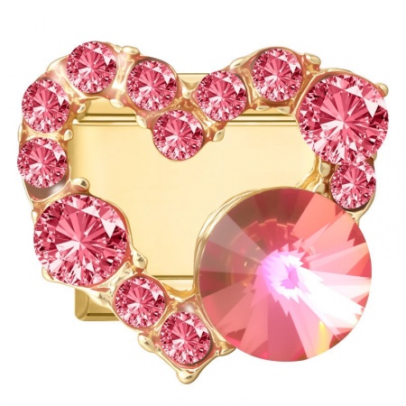 Picture of 1 Piece 304 Stainless Steel Valentine's Day Italian Charm Links For DIY Modular Bracelet Watch Jewelry Making Wholesale Gold Plated Rectangle Heart Fuchsia Rhinestone 10mm x 9mm
