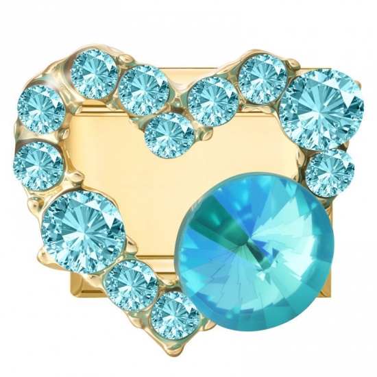 Picture of 1 Piece 304 Stainless Steel Valentine's Day Italian Charm Links For DIY Modular Bracelet Watch Jewelry Making Wholesale Gold Plated Rectangle Heart Green Blue Rhinestone 10mm x 9mm