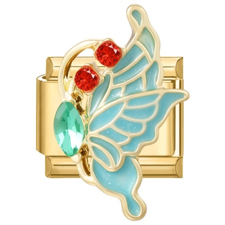 Picture of 1 Piece 304 Stainless Steel Italian Charm Links For DIY Modular Bracelet Watch Jewelry Making Wholesale Gold Plated Green Blue Enamel Rectangle Butterfly Red Rhinestone 10mm x 9mm