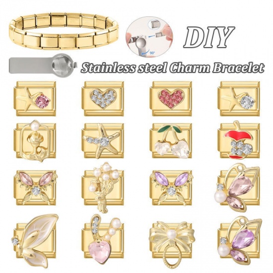 1 個 304ステンレス鋼 イタリアンチャームリンク DIY モジュラーブレスレット・時計用 卸売り 金メッキ 長方形 ヒトデ ピンクラインストーン 10mmx 9mm、 の画像