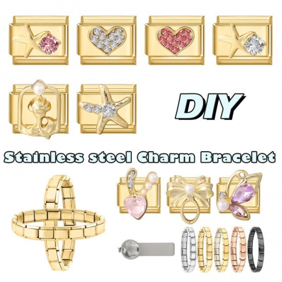 1 個 304ステンレス鋼 イタリアンチャームリンク DIY モジュラーブレスレット・時計用 卸売り 金メッキ 長方形 ヒトデ ピンクラインストーン 10mmx 9mm、 の画像