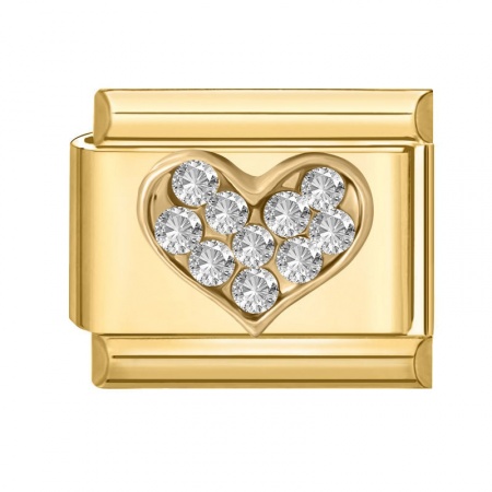Picture of 1 Piece 304 Stainless Steel Valentine's Day Italian Charm Links For DIY Modular Bracelet Watch Jewelry Making Wholesale Gold Plated Rectangle Heart Clear Rhinestone 10mm x 9mm