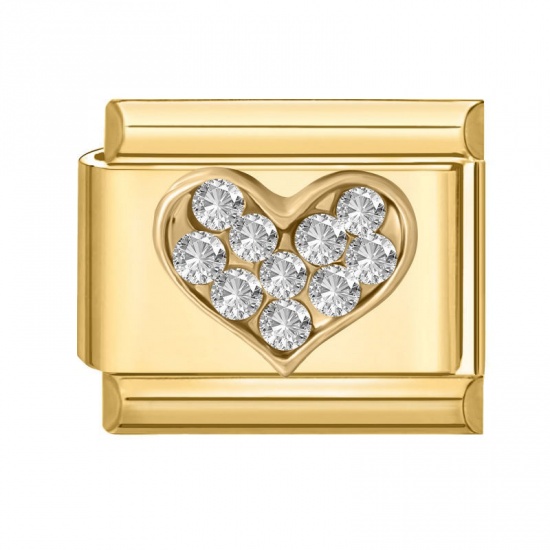 Picture of 1 Piece 304 Stainless Steel Valentine's Day Italian Charm Links For DIY Modular Bracelet Watch Jewelry Making Wholesale Gold Plated Rectangle Heart Clear Rhinestone 10mm x 9mm