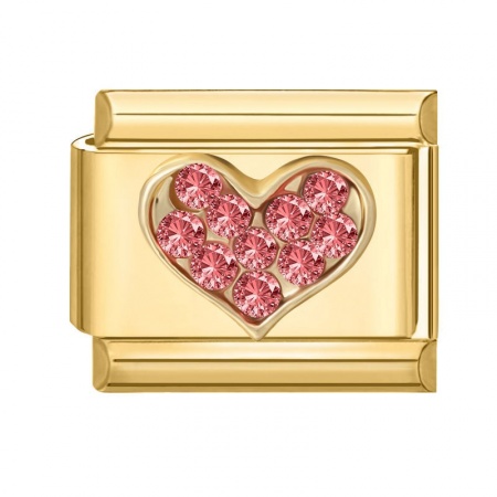 Picture of 1 Piece 304 Stainless Steel Valentine's Day Italian Charm Links For DIY Modular Bracelet Watch Jewelry Making Wholesale Gold Plated Rectangle Heart Pale Pinkish Gray Rhinestone 10mm x 9mm
