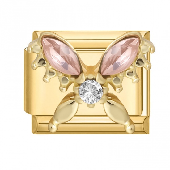 Picture of 1 Piece 304 Stainless Steel Insect Italian Charm Links For DIY Modular Bracelet Watch Jewelry Making Wholesale Gold Plated Rectangle Butterfly Pink Rhinestone 10mm x 9mm