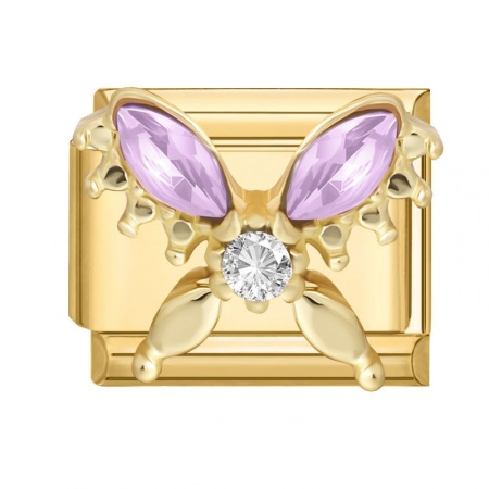 Picture of 1 Piece 304 Stainless Steel Insect Italian Charm Links For DIY Modular Bracelet Watch Jewelry Making Wholesale Gold Plated Rectangle Butterfly Purple Rhinestone 10mm x 9mm