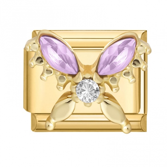 Picture of 1 Piece 304 Stainless Steel Insect Italian Charm Links For DIY Modular Bracelet Watch Jewelry Making Wholesale Gold Plated Rectangle Butterfly Purple Rhinestone 10mm x 9mm