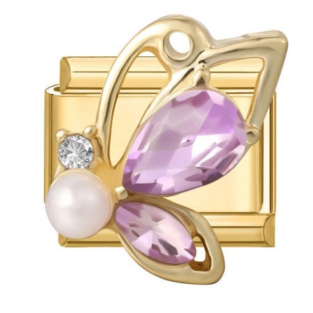 Picture of 1 Piece 304 Stainless Steel Insect Italian Charm Links For DIY Modular Bracelet Watch Jewelry Making Wholesale Gold Plated White Rectangle Butterfly Imitation Pearl Purple Rhinestone 10mm x 9mm