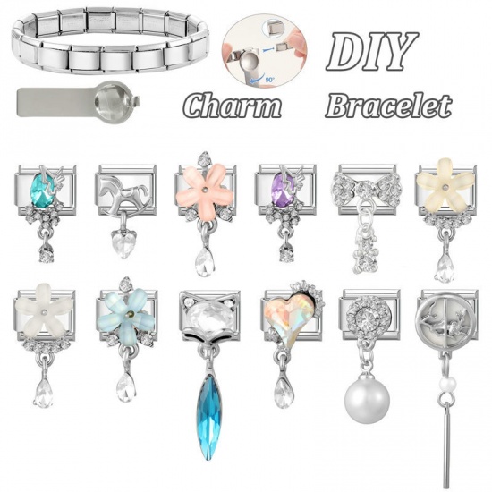 Picture of 1 Piece 304 Stainless Steel Italian Charm Links For DIY Modular Bracelet Watch Jewelry Making Wholesale Silver Tone Rectangle Butterfly Blue Rhinestone 10mm x 9mm