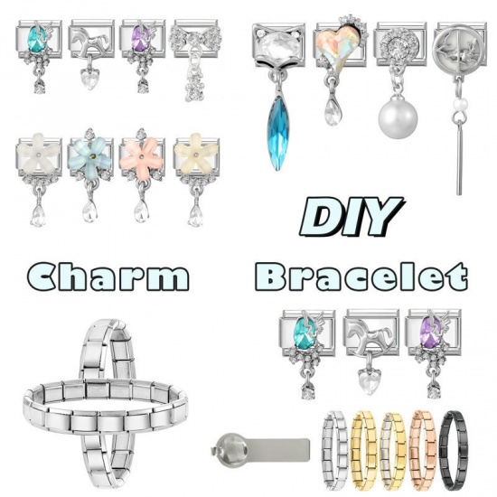 Picture of 1 Piece 304 Stainless Steel Italian Charm Links For DIY Modular Bracelet Watch Jewelry Making Wholesale Silver Tone Rectangle Butterfly Blue Rhinestone 10mm x 9mm